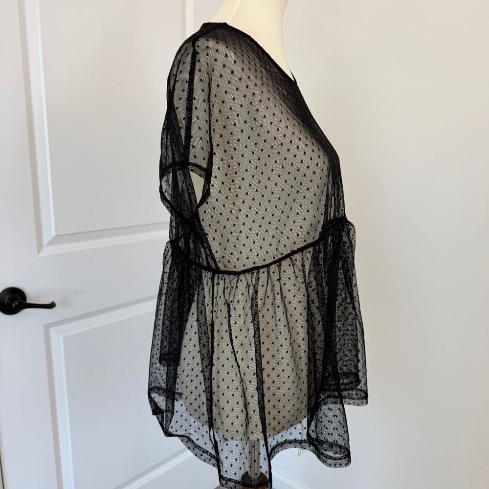 Zara Womens Black Sheer Mesh Polka Dot Top Small Short Sleeve Relaxed - Picture 5 of 9